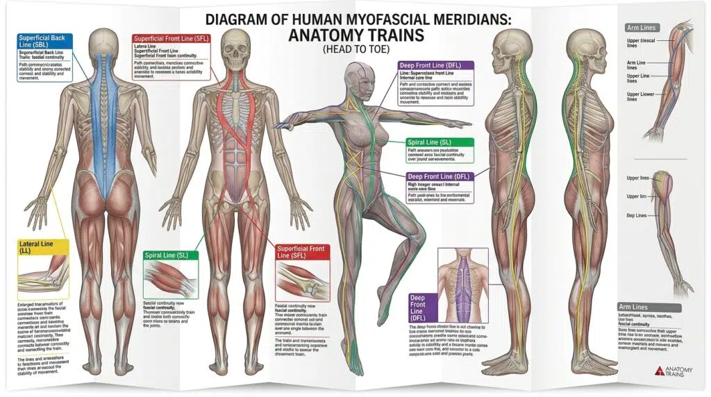 Diagram of the human body showing Anatomy Trains myofascial meridians from head to toe Diagram of the human body showing Anatomy Trains myofascial meridians from head to toe