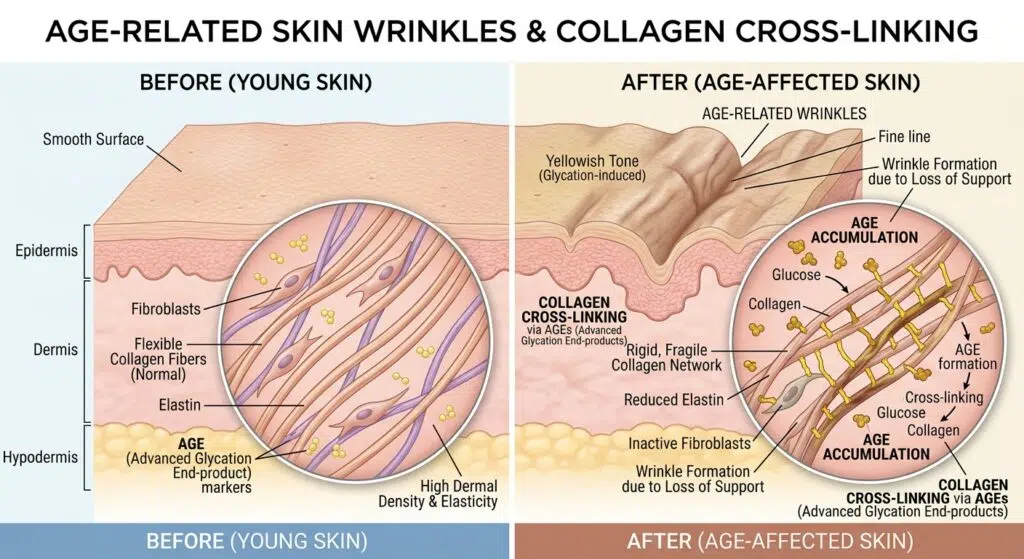 Before and after close up of skin showing AGE related wrinkles and collagen cross linking Before and after close up of skin showing AGE related wrinkles and collagen cross linking