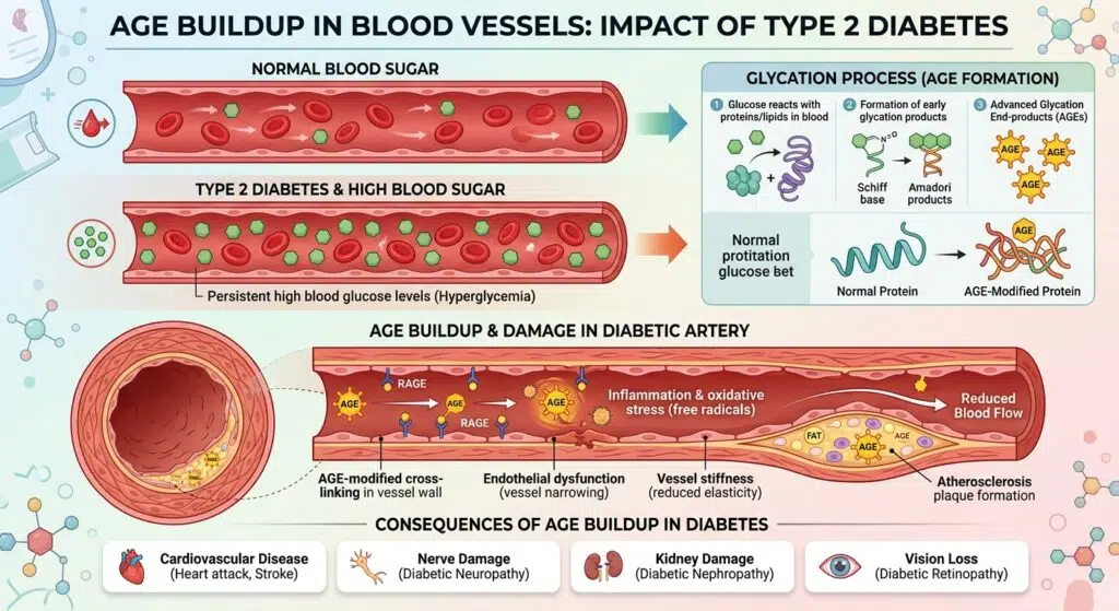 Infographic showing AGE buildup in blood vessel of person with type 2 diabetes Infographic showing AGE buildup in blood vessel of person with type 2 diabetes