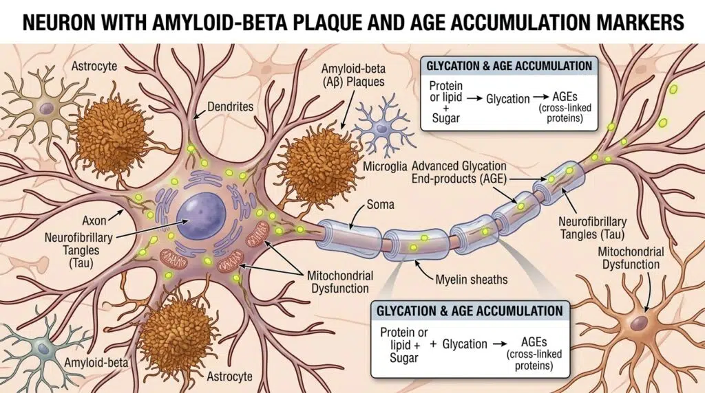 Neuron illustration with amyloid beta plaque and AGE accumulation markers Neuron illustration with amyloid beta plaque and AGE accumulation markers