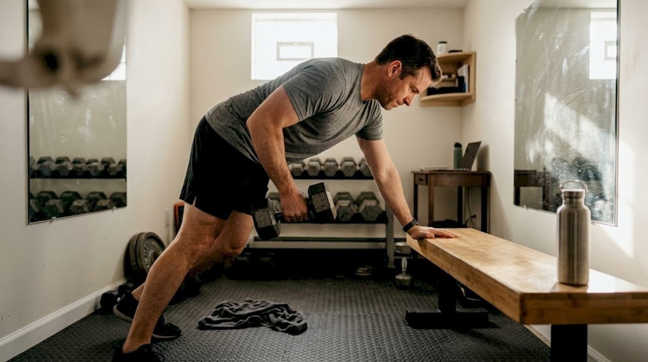 Man strength training in bright home gym