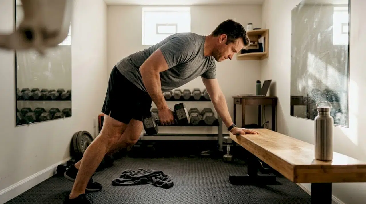 Man strength training in bright home gym