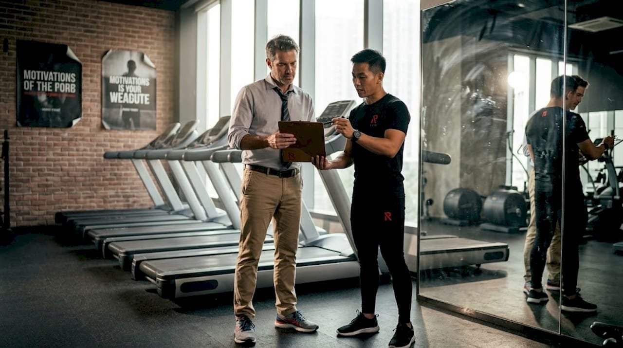 Executive and trainer reviewing workout plan in gym