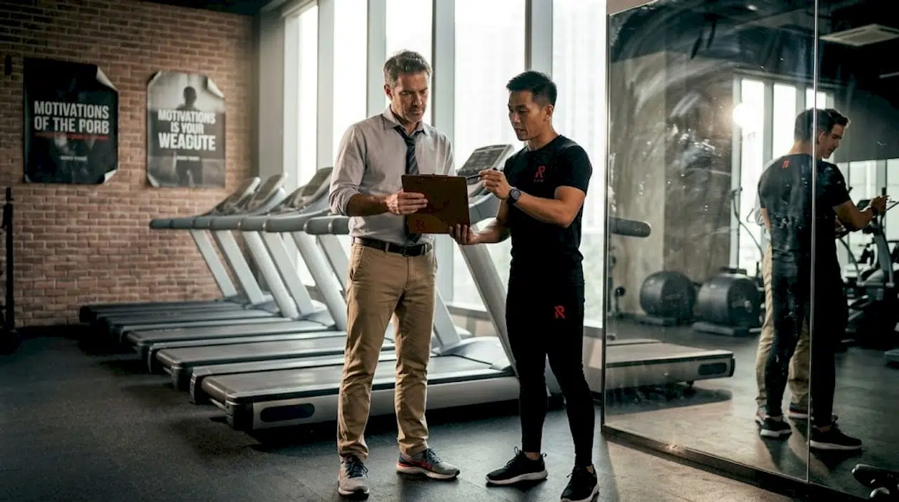 Executive and trainer reviewing workout plan in gym